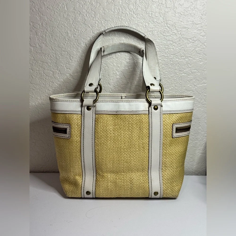 Vintage Y2K COACH White Leather Trim Tote Handbag LEGACY w Natural Straw Purse
